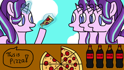 Size: 1366x768 | Tagged: safe, artist:raulixevergreen, character:starlight glimmer, species:pony, species:unicorn, clones, cloning, coca-cola, cute, day, female, food, funny, magic, meat, pepperoni, pepperoni pizza, pizza, text