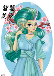 Size: 1024x1446 | Tagged: safe, artist:mdeltar, character:mistmane, species:human, blushing, chinese, clothing, cute, dress, elf ears, eyeshadow, female, flower, horned humanization, humanized, makeup, mistabetes, solo, unicorns as elves