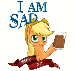 Size: 570x539 | Tagged: safe, artist:tkuroneko, character:applejack, species:earth pony, species:pony, /mlp/, alcohol, applejack's hat, bags under eyes, beer, caption, clothing, cowboy hat, drawthread, female, hat, hoof hold, image macro, looking at you, mare, meme, mug, sad, sbubby, simple background, solo, tankard, text, unhapplejack, white background
