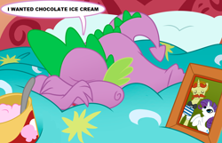 Size: 1280x826 | Tagged: safe, artist:multiversecafe, edit, character:flam, character:rarity, character:spike, species:dragon, species:pony, species:unicorn, ship:rariflam, ship:sparity, bed, crying, facial hair, female, food, ice cream, male, moustache, photo, picture frame, pillow, shipping, spoon, straight
