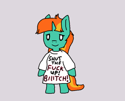Size: 612x498 | Tagged: safe, artist:firecracker, character:firecracker burst, species:pony, species:unicorn, clothing, female, mare, shirt, simple background, smiling, solo, t-shirt, vulgar