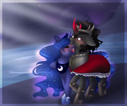Size: 1024x854 | Tagged: safe, artist:dinkydoolove, base used, character:king sombra, character:princess luna, species:alicorn, species:pony, species:unicorn, ship:lumbra, base:dinkydoolove, blushing, blushing profusely, curved horn, cute, ethereal mane, female, flowing mane, galaxy mane, grumpy, horn, jewelry, laughing, lunabetes, male, mare, open mouth, regalia, scenery, shipping, smiling, sombradorable, stallion, stars, straight, tsundere, walking, water