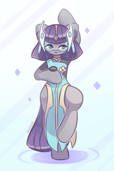 Size: 1099x1650 | Tagged: safe, artist:avonir, character:maud pie, clothing, cosplay, costume, crossover, cute, female, maudabetes, on one hoof, overwatch, semi-anthro, solo, symmetra