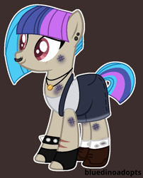 Size: 722x892 | Tagged: safe, artist:bluedinoadopts, oc, oc only, oc:scavy, species:earth pony, species:pony, boots, brown background, clothing, denim, dirt, ear piercing, earring, female, fingerless gloves, gloves, jewelry, mare, multicolored hair, necklace, nose piercing, nose ring, overalls, piercing, scar, scratching, shoes, shorts, simple background, socks, solo, spiked wristband, tank top, torn clothes, white socks, wristband