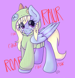 Size: 1280x1326 | Tagged: safe, artist:sadonax, oc, oc only, oc:joyful surprise, species:pegasus, species:pony, braid, clothed ponies, clothing, commission, cute, dinosaur, female, gradient background, hoodie, looking at you, mare, ocbetes, pink background, purple background, rawr, simple background, smiling, solo, text, wings