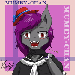 Size: 2204x2204 | Tagged: safe, artist:kiminofreewings, oc, oc:mumey chan, species:anthro, species:bat pony, artwork, bat pony oc, beautiful, bust, clothing, costume, cute, hat, looking at you, original art, purple, red eyes, signature, simple background, smiley face, solo, talking