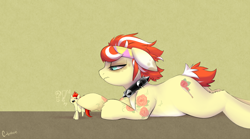 Size: 2038x1134 | Tagged: safe, artist:cokesleeve, oc, oc:red ink, oc:yamato, species:earth pony, species:pony, collar, exclamation point, headband, interrobang, micro, poking, question mark, spiked collar