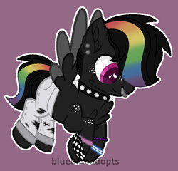 Size: 752x721 | Tagged: safe, artist:bluedinoadopts, oc, oc only, oc:cloud sounds, species:pegasus, species:pony, bracelet, chest fluff, choker, clothing, ear fluff, ear piercing, earring, flying, freckles, heart eyes, jeans, jewelry, male, nose piercing, nose ring, pants, piercing, purple background, rainbow hair, raised hoof, ripped pants, ripping clothes, simple background, solo, spiked choker, stallion, torn clothes, two toned wings, wingding eyes, wristband