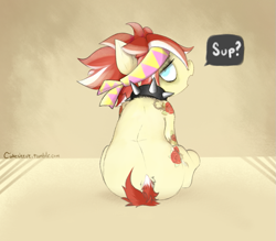 Size: 839x736 | Tagged: safe, artist:cokesleeve, oc, oc:red ink, species:pony, collar, dialogue, dock, facing away, female, solo, speech bubble, spiked collar, sup