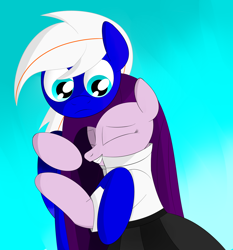 Size: 2000x2150 | Tagged: safe, artist:visionwing, oc, oc:electric blue, oc:visionwing, species:pony, black skirt, confused, eyes closed, happy, hug, looking at someone, white shirt