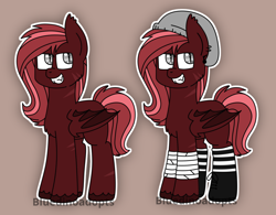 Size: 1262x986 | Tagged: safe, artist:bluedinoadopts, oc, oc only, oc:skarlet record, species:bat pony, species:pony, androgynous, bandage, beanie, boots, brown background, chest fluff, clothing, ear fluff, ear piercing, earring, fangs, hat, jewelry, nonbinary, piercing, scar, shoes, simple background, socks, solo, striped socks, unshorn fetlocks
