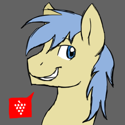 Size: 1080x1080 | Tagged: safe, artist:thundershock0823, character:goldengrape, species:pony, bust, dialogue, grape, gray background, male, pictogram, portrait, profile, simple background, smiling, solo, speech bubble