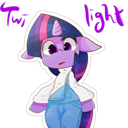 Size: 3000x3000 | Tagged: safe, artist:temmie-kun, character:twilight sparkle, species:pony, big ears, bipedal, clothing, female, looking at you, overalls, semi-anthro, shirt, simple background, solo, transparent background