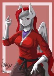 Size: 2893x4092 | Tagged: safe, artist:kiminofreewings, oc, oc:indonisty, species:alicorn, species:anthro, species:pony, alicorn oc, anthro oc, beautiful, clothing, female, fighter, half body, looking at you, mascot, open mouth, original art, original style, pose, simple background, solo, sports