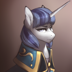 Size: 300x300 | Tagged: safe, artist:eerinless, species:pony, species:unicorn, bust, cloak, clothing, female, frown, gradient background, lidded eyes, looking at you, mare, portrait, sidemouth, simple background, solo