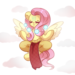Size: 1500x1500 | Tagged: safe, artist:avonir, character:fluttershy, species:pegasus, species:pony, clothing, eyes closed, female, mare, overwatch, sitting, solo, sphere, spread wings, wings, zenyatta