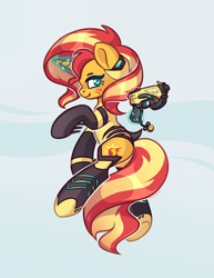 Size: 1312x1700 | Tagged: safe, artist:avonir, character:sunset shimmer, species:pony, species:unicorn, armor, crossover, d.va, face markings, female, glowing horn, gun, horn, levitation, looking at you, magic, overwatch, simple background, solo, telekinesis, weapon