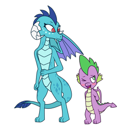Size: 4800x4800 | Tagged: safe, artist:maxter-advance, character:princess ember, character:spike, species:dragon, ship:emberspike, blush sticker, blushing, dragoness, female, hands behind back, male, one eye closed, shipping, straight, winged spike