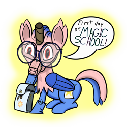 Size: 5000x5000 | Tagged: safe, artist:venaf, oc, oc only, oc:vivian iolani, species:classical hippogriff, species:hippogriff, newbie artist training grounds, atg 2019, backpack, female, filly, glasses, red eyes, simple background, sitting, solo, text