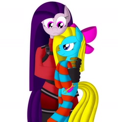 Size: 1920x1991 | Tagged: safe, artist:visionwing, oc, oc:cuteamena, oc:visionmena, species:anthro, species:pony, anthro with ponies, bow, clothing, confused, female, holding a pony, looking at each other, mother and daughter, simple background, smug, socks, white background