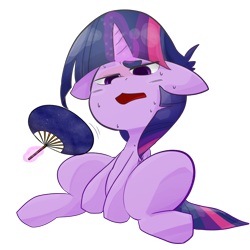 Size: 1280x1280 | Tagged: safe, artist:temmie-kun, character:twilight sparkle, character:twilight sparkle (alicorn), species:alicorn, species:pony, fanning, female, floppy ears, hand fan, magic, simple background, solo, sweat, transparent background
