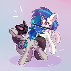 Size: 1500x1500 | Tagged: safe, artist:avonir, character:dj pon-3, character:octavia melody, character:vinyl scratch, species:earth pony, species:pony, species:unicorn, ship:scratchtavia, accessory swap, bow tie, cutie mark, female, headphones, lesbian, looking at each other, shipping, smiling, sunglasses