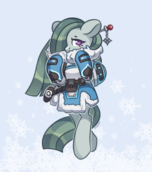 Size: 1500x1700 | Tagged: safe, artist:avonir, character:marble pie, species:earth pony, species:pony, bipedal, clothing, cosplay, costume, crossover, cute, female, hair over one eye, looking at you, marblebetes, mei, overwatch, shy, snow, snowflake, solo
