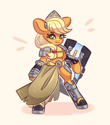 Size: 1500x1700 | Tagged: safe, artist:avonir, character:applejack, species:earth pony, species:pony, armor, brigitte, crossover, female, freckles, looking at you, overwatch, shield, simple background, smiling, solo, standing, white background
