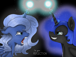 Size: 2048x1536 | Tagged: safe, artist:valiantstar00, character:nightmare moon, character:princess luna, species:pony, abstract background, crying, duality, duo, floppy ears, glowing horn, helmet, horn, looking at each other, missing accessory, open, s1 luna, sidemouth