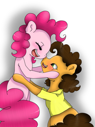 Size: 1536x2048 | Tagged: safe, artist:valiantstar00, character:cheese sandwich, character:pinkie pie, species:earth pony, species:pony, ship:cheesepie, blushing, cheek squish, clothing, female, happy, holding a pony, male, mare, open mouth, shipping, shirt, sidemouth, simple background, squishy cheeks, stallion, straight, white background