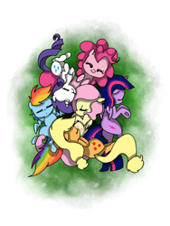 Size: 1536x2048 | Tagged: safe, artist:valiantstar00, character:applejack, character:fluttershy, character:pinkie pie, character:rainbow dash, character:rarity, character:twilight sparkle, character:twilight sparkle (alicorn), species:alicorn, species:pony, cuddle puddle, cuddling, cute, dawwww, female, grass, hatless, hnnng, mane six, mare, missing accessory, overhead view, pony pile, simple background, sleeping, smiling, white background