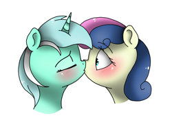 Size: 2048x1536 | Tagged: safe, artist:valiantstar00, character:bon bon, character:lyra heartstrings, character:sweetie drops, species:pony, ship:lyrabon, blushing, bust, eye clipping through hair, eyes closed, female, kissing, lesbian, mare, shipping, simple background, surprise kiss, surprised, white background