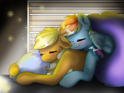 Size: 2048x1536 | Tagged: safe, artist:valiantstar00, character:applejack, character:rainbow dash, species:earth pony, species:pegasus, species:pony, ship:appledash, bed, blushing, cuddling, female, floppy ears, hug, in bed, lesbian, mare, missing accessory, pillow, pillow hug, shipping, sleeping, smiling, sunset, window
