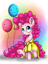 Size: 1536x2048 | Tagged: safe, artist:valiantstar00, character:pinkie pie, species:earth pony, species:pony, abstract background, accessory swap, balloon, beanbrows, clothing, ear fluff, eyebrows, female, glasses, implied cheese sandwich, looking at you, mare, oversized clothes, party whistle, shirt, sitting, solo