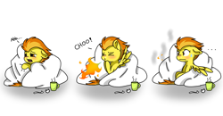 Size: 1536x800 | Tagged: safe, artist:valiantstar00, character:spitfire, species:pegasus, species:pony, blanket, blushing, comic, cup, female, fire, fire breath, floppy ears, mare, onomatopoeia, simple background, sneezing, solo, spitfiery, sweat, sweatdrop, white background