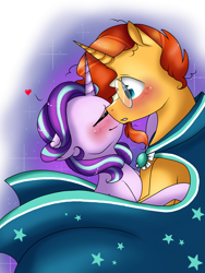 Size: 1800x2400 | Tagged: safe, artist:valiantstar00, character:starlight glimmer, character:sunburst, species:pony, species:unicorn, ship:starburst, abstract background, blushing, cloak, clothing, eyes closed, female, floppy ears, male, mare, nuzzling, shipping, sidemouth, stallion, stars, story included, straight
