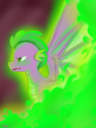 Size: 1800x2400 | Tagged: safe, artist:valiantstar00, character:spike, species:dragon, abstract background, badass, epic, fire, green fire, male, open mouth, profile, sidemouth, solo, spread wings, wing claws, winged spike, wings