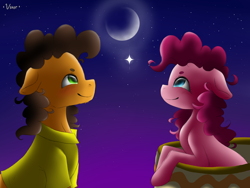 Size: 2400x1800 | Tagged: safe, artist:valiantstar00, character:cheese sandwich, character:pinkie pie, species:earth pony, species:pony, ship:cheesepie, beanbrows, blushing, crescent moon, eye reflection, eyebrows, female, floppy ears, looking up, lyrics in the description, male, mare, moon, night, reflection, shipping, smiling, stallion, starry night, stars, straight