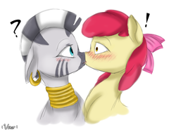 Size: 2048x1536 | Tagged: safe, artist:valiantstar00, character:apple bloom, character:zecora, species:earth pony, species:pony, species:zebra, ship:zecobloom, accidental kiss, blushing, bust, ear piercing, earring, exclamation point, female, floppy ears, jewelry, kissing, lesbian, mare, neck rings, piercing, quadrupedal, question mark, shipping, simple background, surprise kiss, surprised, unexpected, white background