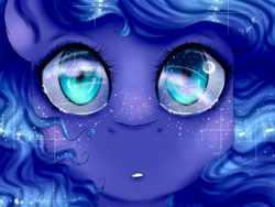 Size: 2048x1536 | Tagged: safe, artist:valiantstar00, character:princess luna, species:pony, ambiguous facial structure, beautiful, bust, crescent moon, ethereal mane, eye reflection, female, freckles, galaxy mane, looking at you, mare, moon, open mouth, reflection, solo, star freckles, stars