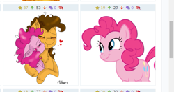 Size: 577x307 | Tagged: safe, artist:sketchmcreations, artist:valiantstar00, character:cheese sandwich, character:pinkie pie, species:earth pony, species:pony, derpibooru, ship:cheesepie, episode:the last laugh, g4, my little pony: friendship is magic, blushing, chest fluff, ear fluff, eyes closed, female, floppy ears, heart, hug, juxtaposition, kissing, male, mare, meta, missing accessory, shipping, simple background, smiling, stallion, straight, vector, white background