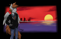 Size: 1516x965 | Tagged: safe, artist:kiminofreewings, oc, oc:kimino, species:anthro, species:pegasus, species:pony, artwork, city, clothing, design, grand theft auto, gta v, looking up, ocean, reference, screen, solo, sunset