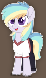 Size: 1053x1782 | Tagged: safe, artist:bluedinoadopts, oc, oc only, oc:pastel aerosol, species:earth pony, species:pony, brown background, clothing, cute, female, jeans, mare, multicolored hair, open mouth, pants, shirt, simple background, solo, t-shirt, watermark