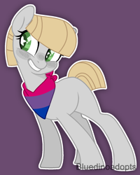 Size: 1194x1492 | Tagged: safe, artist:bluedinoadopts, oc, oc only, oc:silver slate (ice1517), species:earth pony, species:pony, bandana, bisexual pride flag, blank flank, blushing, female, grin, implied bisexual, implied bisexuality, mare, neckerchief, pride, purple background, simple background, smiling, solo, starry eyes, watermark, wingding eyes