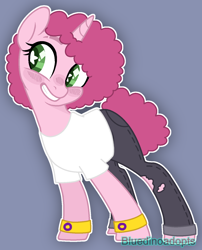 Size: 1196x1482 | Tagged: safe, artist:bluedinoadopts, oc, oc only, oc:sugary fluff, species:pony, species:unicorn, blue background, blushing, clothing, female, grin, intersex, intersex pride flag, jeans, mare, pants, shirt, simple background, smiling, solo, starry eyes, t-shirt, torn clothes, watermark, wingding eyes, wristband
