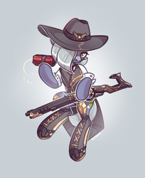 Size: 1348x1651 | Tagged: safe, artist:avonir, character:limestone pie, species:earth pony, species:pony, ashe (overwatch), clothing, crossover, female, gun, mare, overwatch, solo, weapon