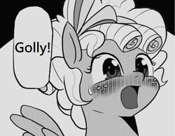 Size: 992x768 | Tagged: safe, artist:tkuroneko, edit, character:cozy glow, species:pony, /mlp/, blushing, cozybetes, cute, drawthread, female, filly, golly, manga, monochrome, offset, open mouth, simple background, solo