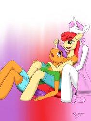 Size: 1800x2400 | Tagged: safe, artist:biomirage, character:apple bloom, character:scootaloo, character:sweetie belle, species:anthro, species:unguligrade anthro, anatomically incorrect, cutie mark crusaders, incorrect leg anatomy, looking at each other, sidemouth