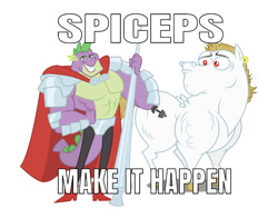 Size: 750x588 | Tagged: safe, artist:multiversecafe, editor:undeadponysoldier, character:bulk biceps, character:spike, species:dragon, species:pony, abs, armor, beefspike, exploitable meme, gay, gigachad spike, lance, make it happen, male, meme, muscles, older, older spike, shipping, spiceps, stallion, strong, weapon