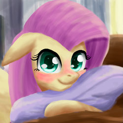 Size: 677x677 | Tagged: safe, artist:tak_kuroneko, artist:tkuroneko, character:fluttershy, species:pony, blushing, cute, female, floppy ears, hug, indoors, looking at you, mare, pillow, pillow hug, shyabetes, smiling, solo